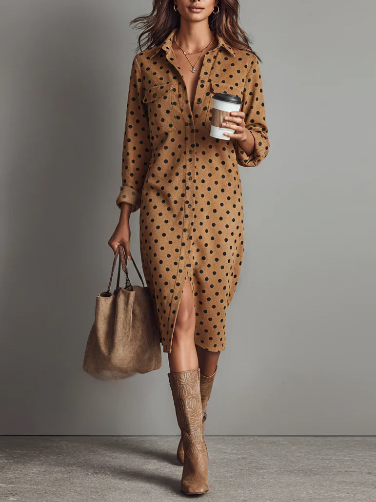 Polka Dot Faux Suede Midi Shirt Dress