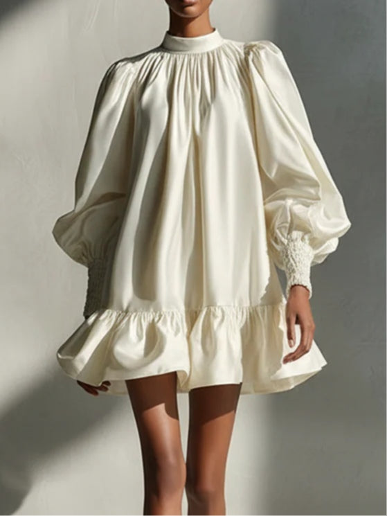 Beige Satin Puff-Sleeve Ruffle Mini Dress