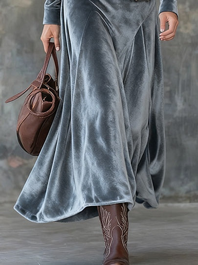 Gray Velvet Lapel Metal Button-Down Maxi Dress with Belt