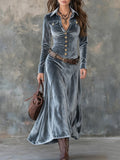 Gray Velvet Lapel Metal Button-Down Maxi Dress with Belt