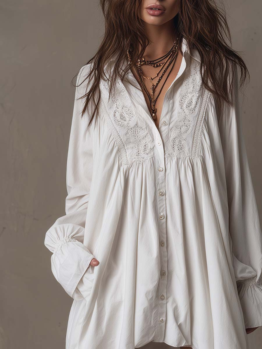White Lace Irregular Hem Long-Sleeved Mini Dress