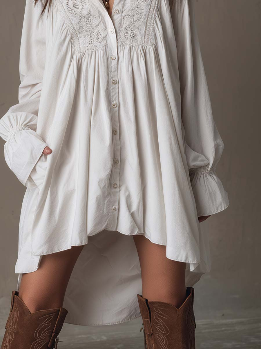 White Lace Irregular Hem Long-Sleeved Mini Dress