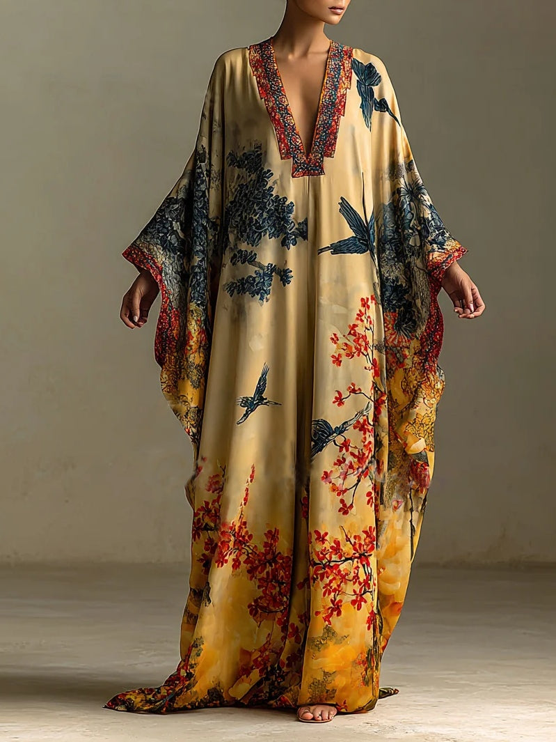 Red Maple Blossom and Bird Art Print Batwing-Sleeve Long Robe Dress