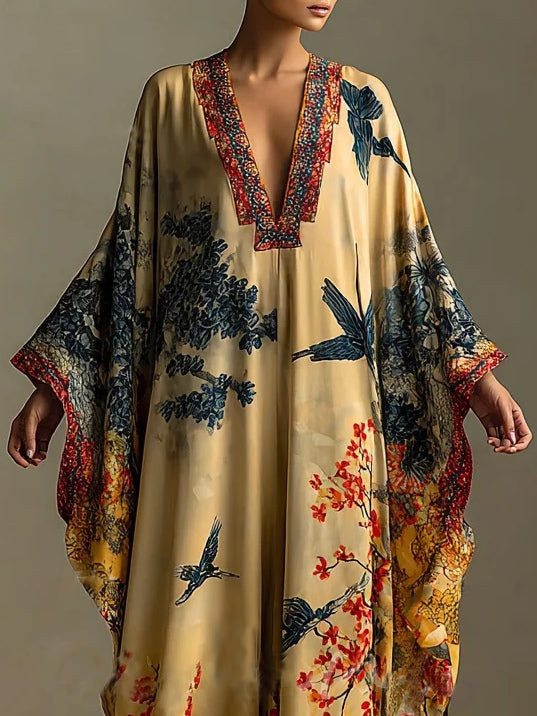 Red Maple Blossom and Bird Art Print Batwing-Sleeve Long Robe Dress