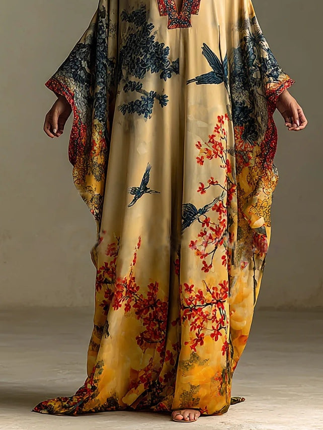 Red Maple Blossom and Bird Art Print Batwing-Sleeve Long Robe Dress