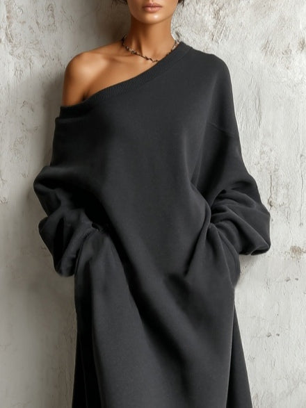 Black Off-Shoulder Sweatshirt Maxi Dress