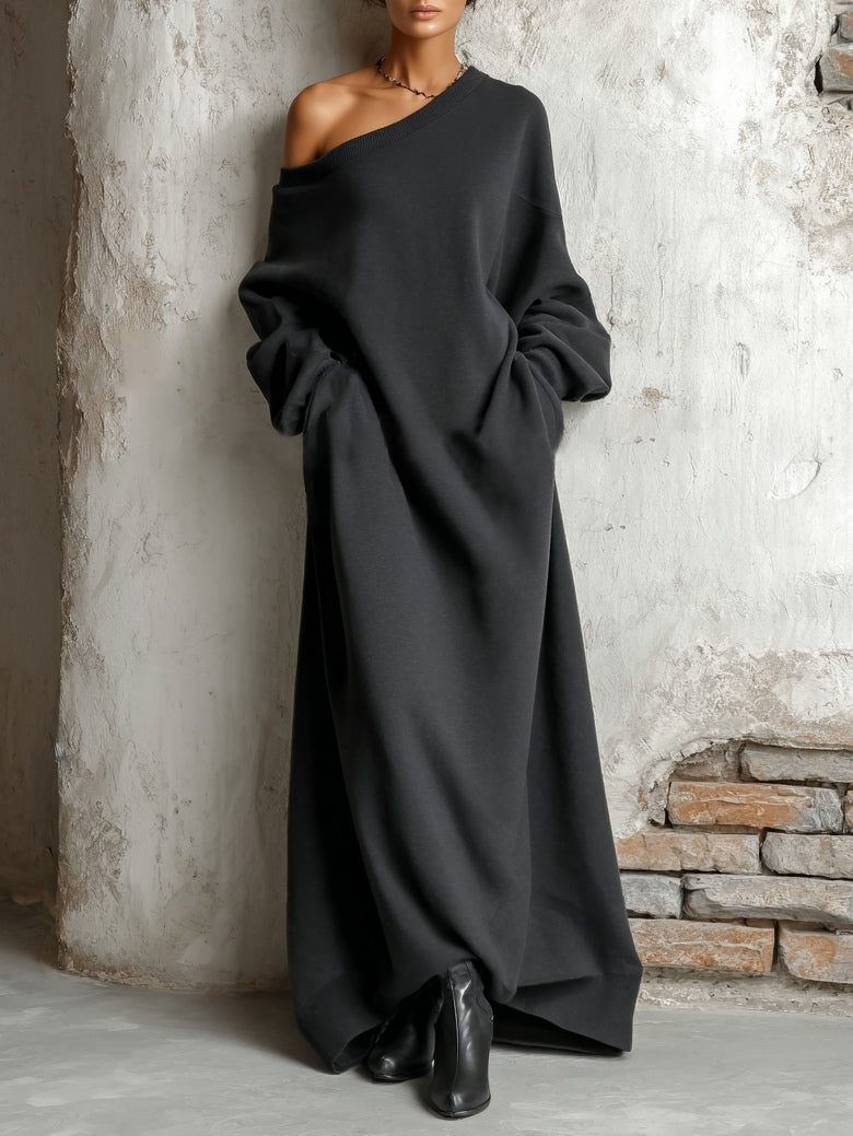 Black Off-Shoulder Sweatshirt Maxi Dress