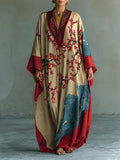 Japanese Red Plum Blossom Maxi Dress with Batwing Sleeves and Print