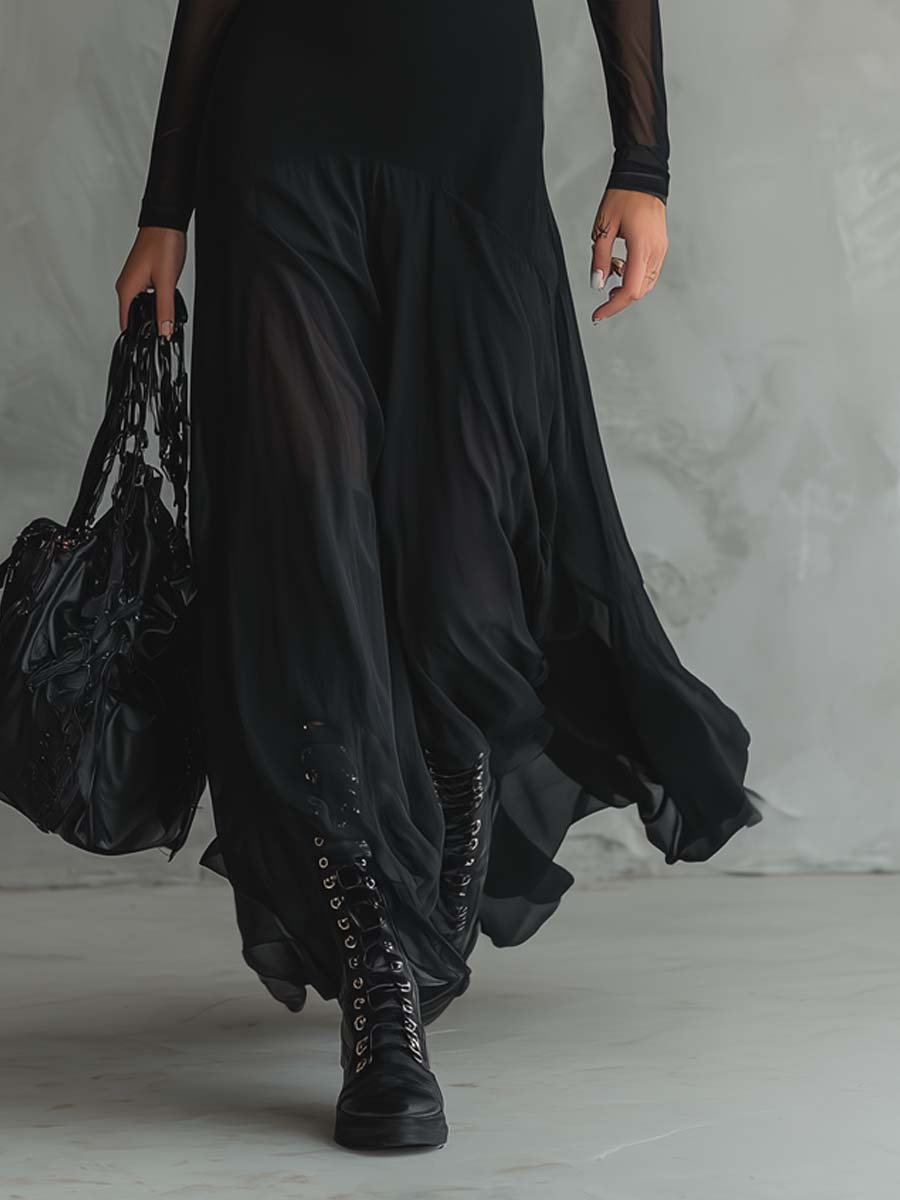 Black Tulle Patchwork Loose-Fitting Maxi Dress