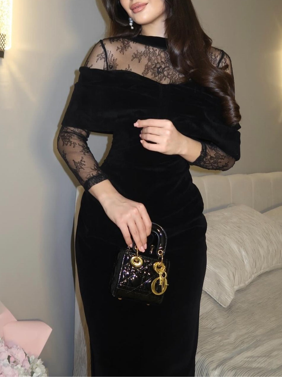 Black Velvet Lace-Trimmed Fitted Maxi Dress