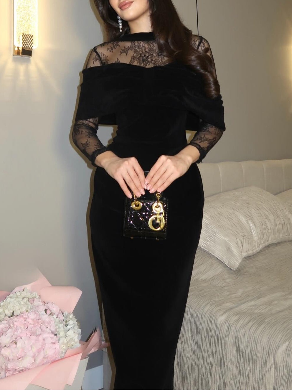 Black Velvet Lace-Trimmed Fitted Maxi Dress