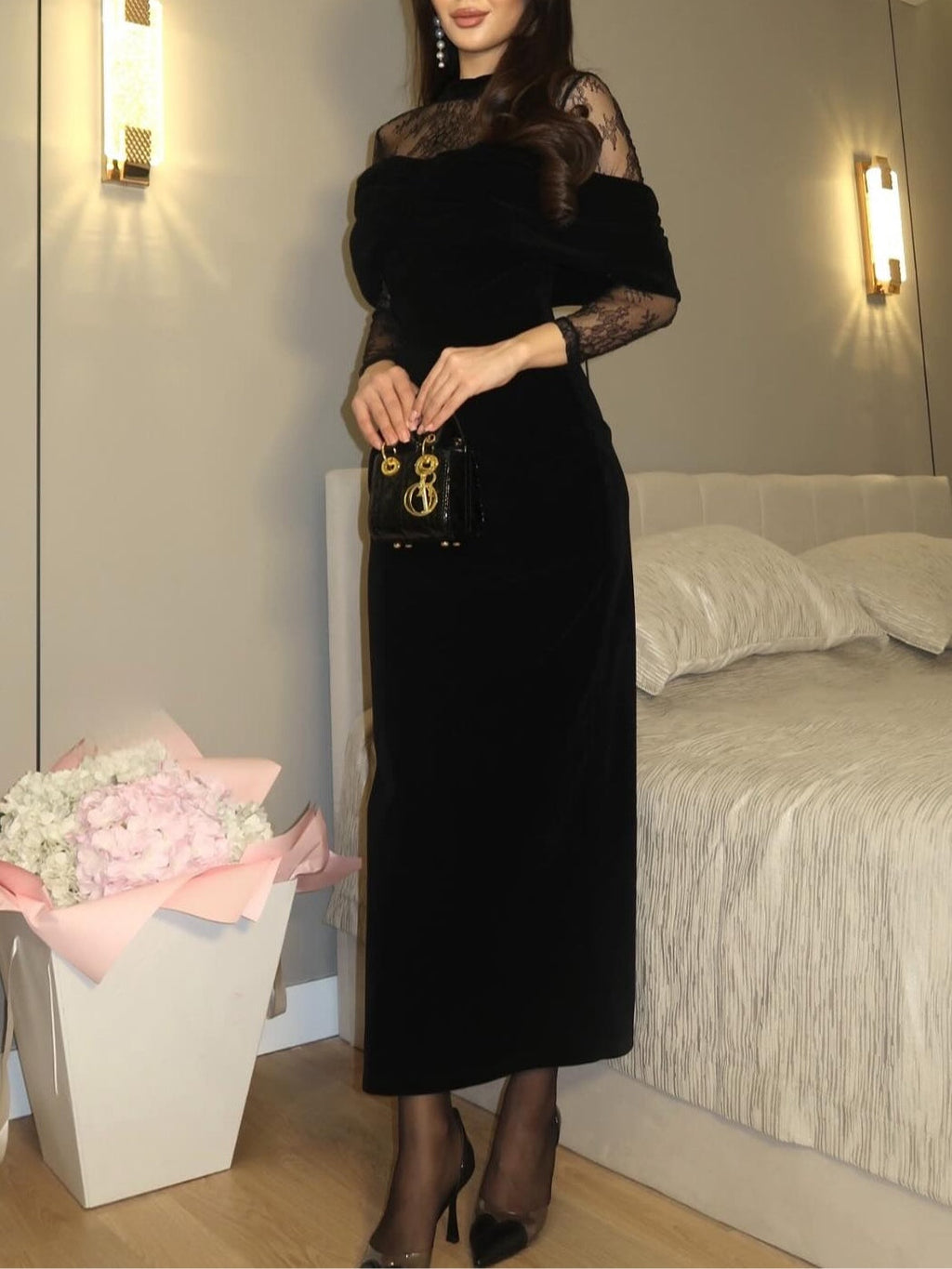 Black Velvet Lace-Trimmed Fitted Maxi Dress