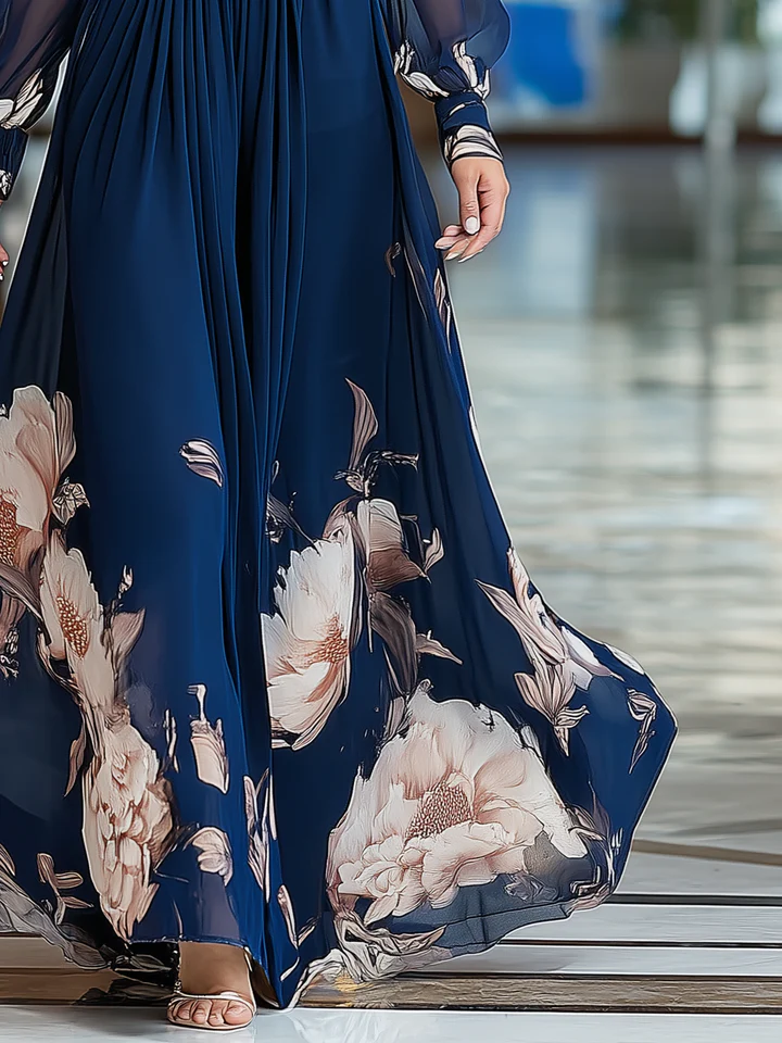 Navy Blue V-Neck Tulle Sleeve Pleated Floral Maxi Dress