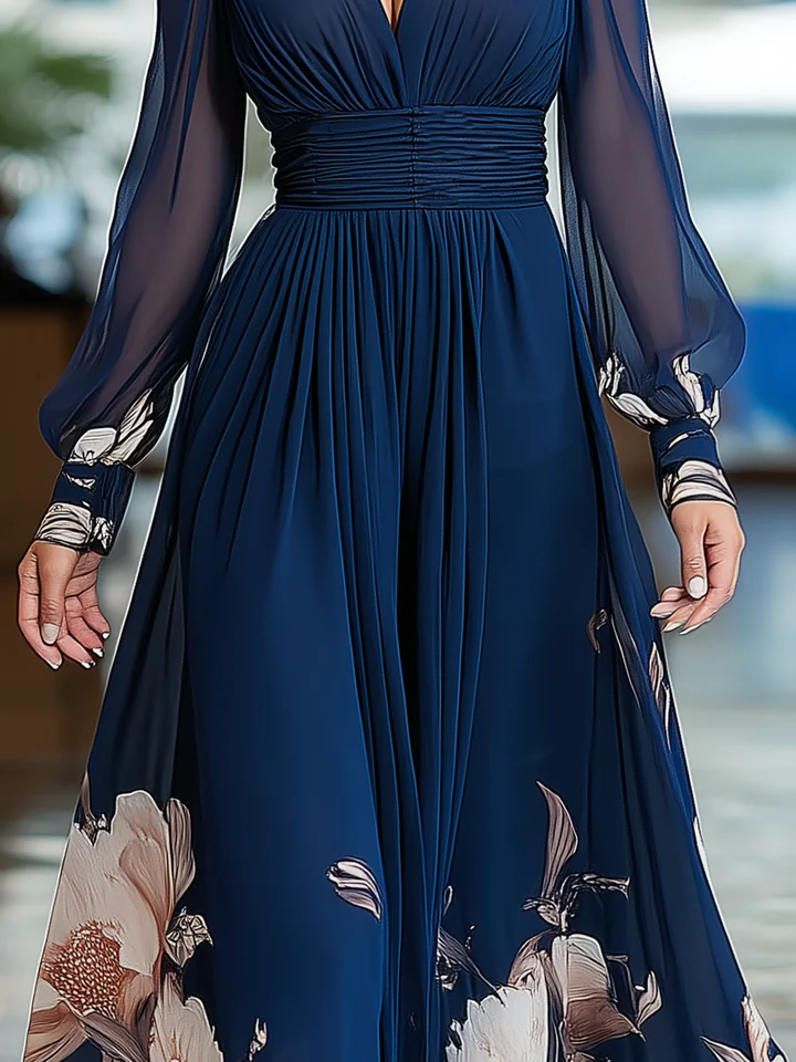 Navy Blue V-Neck Tulle Sleeve Pleated Floral Maxi Dress