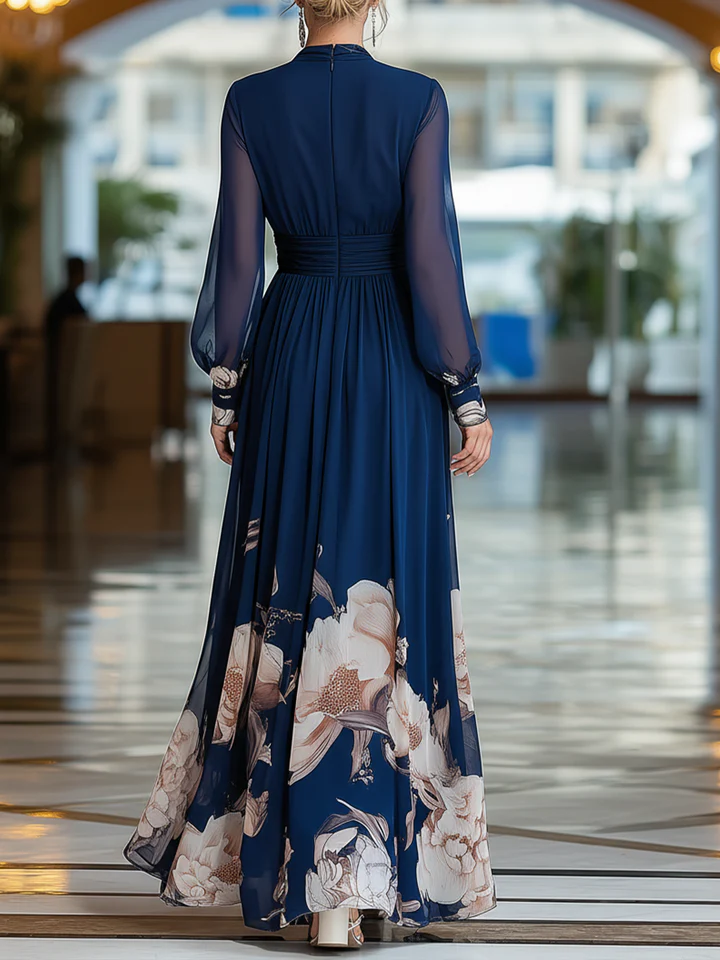 Navy Blue V-Neck Tulle Sleeve Pleated Floral Maxi Dress