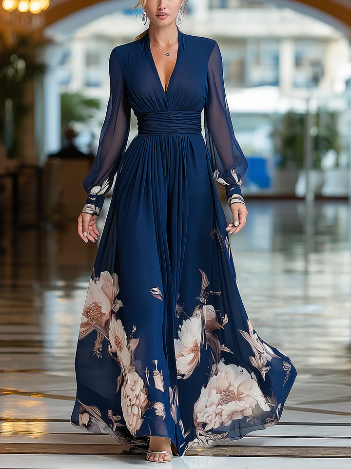 Navy Blue V-Neck Tulle Sleeve Pleated Floral Maxi Dress
