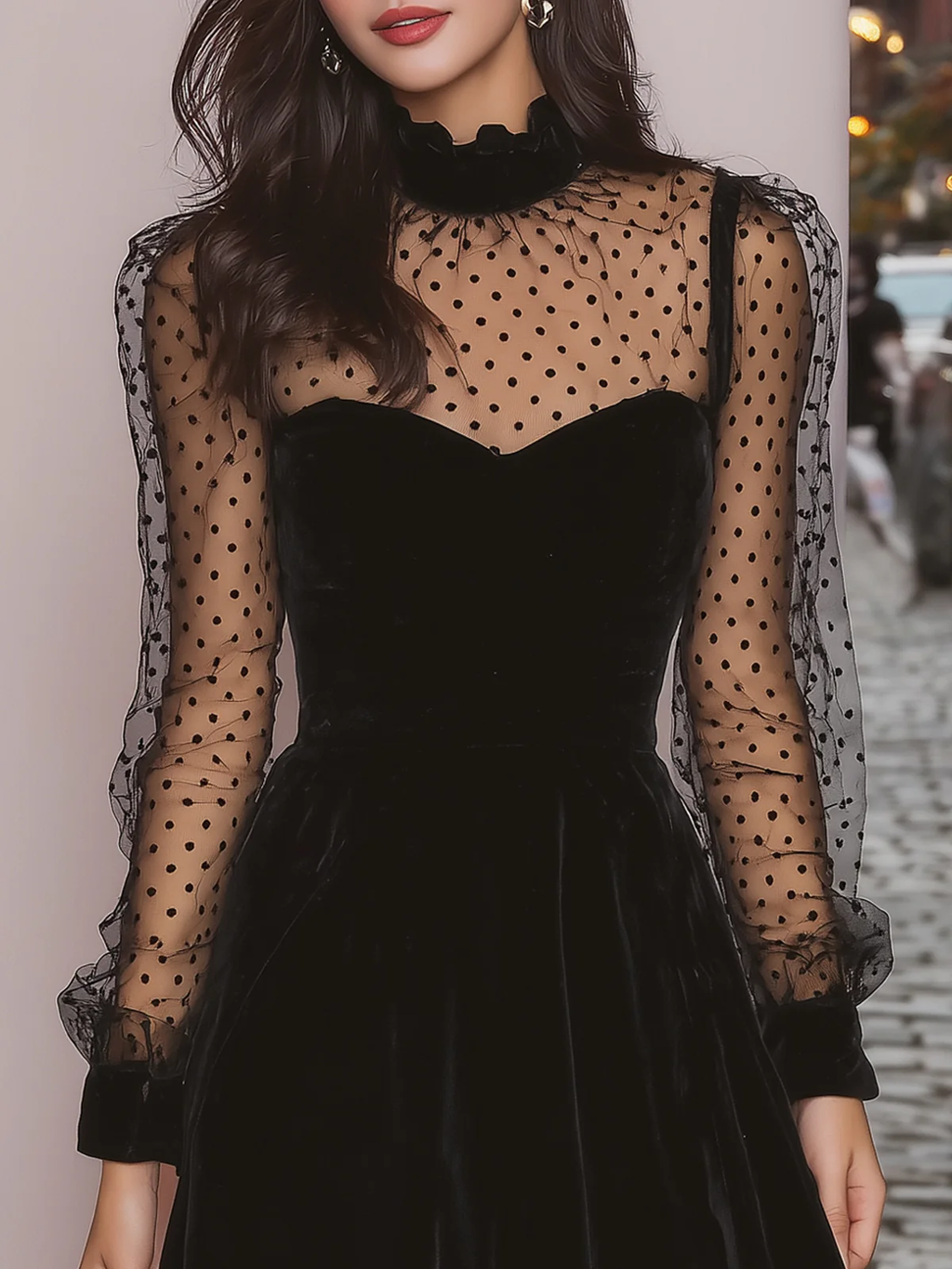 Black Velvet Polka-Dot Mini Dress with Sheer Sleeves