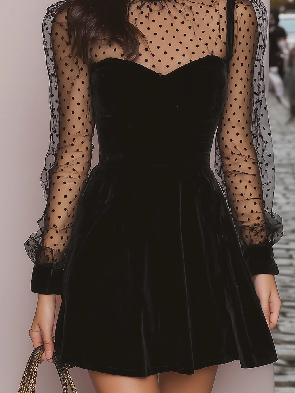 Black Velvet Polka-Dot Mini Dress with Sheer Sleeves