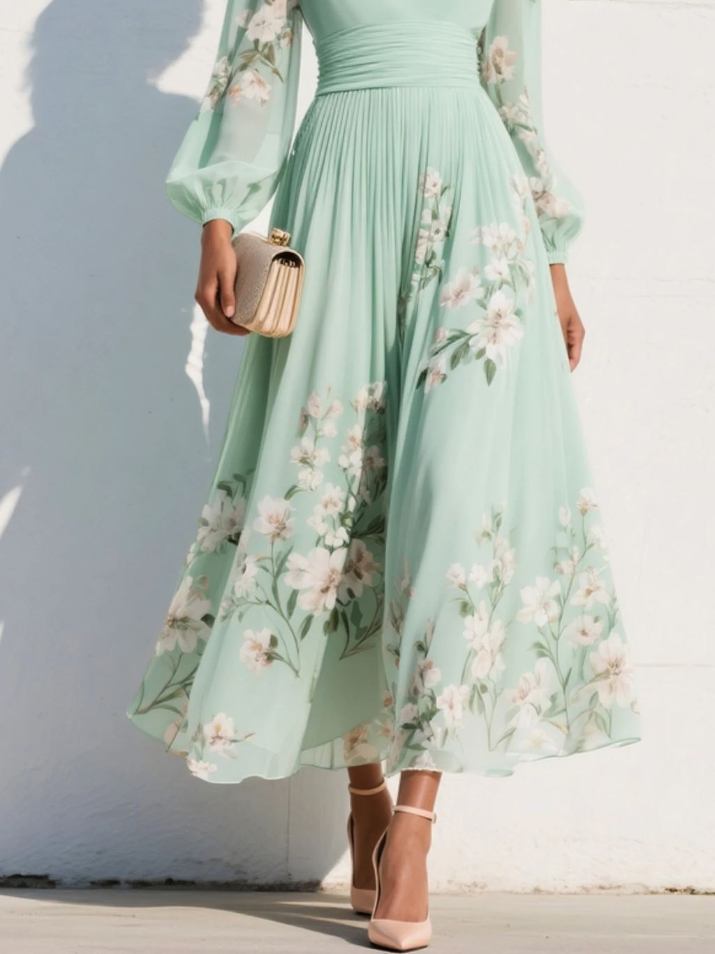 Abito lungo in chiffon plissettato con scollo a V e stampa floreale verde chiaro