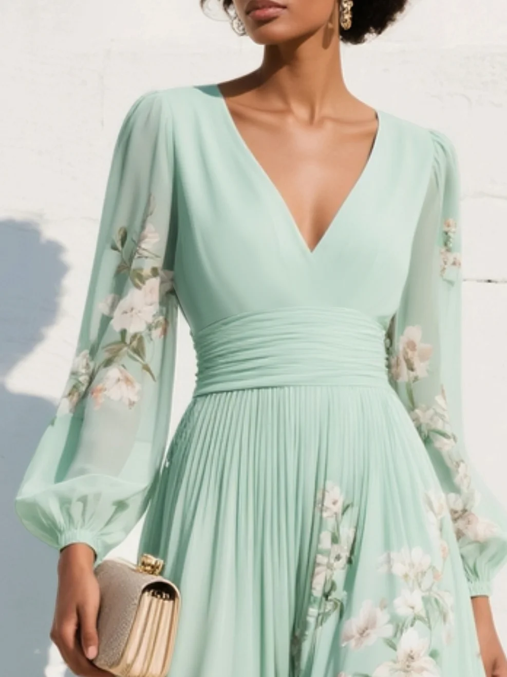 Abito lungo in chiffon plissettato con scollo a V e stampa floreale verde chiaro
