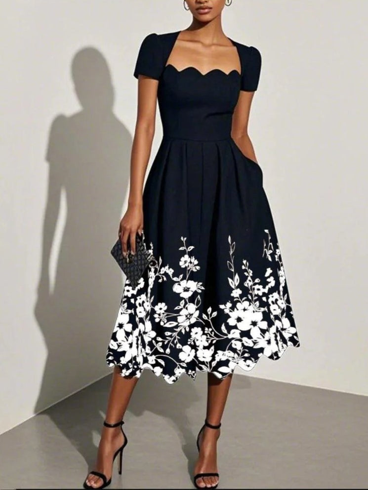 Black Irregular Floral Print Square Neck Short Sleeve A-Line Midi Dress