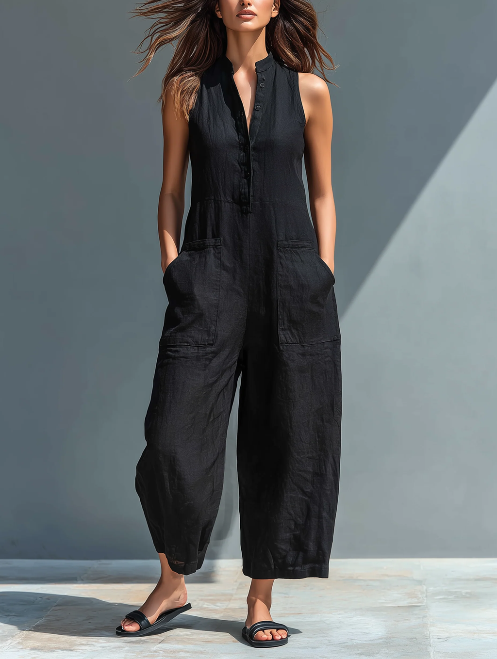 Black Minimalist Faux Linen Sleeveless Jumpsuit with Button-Down Collar