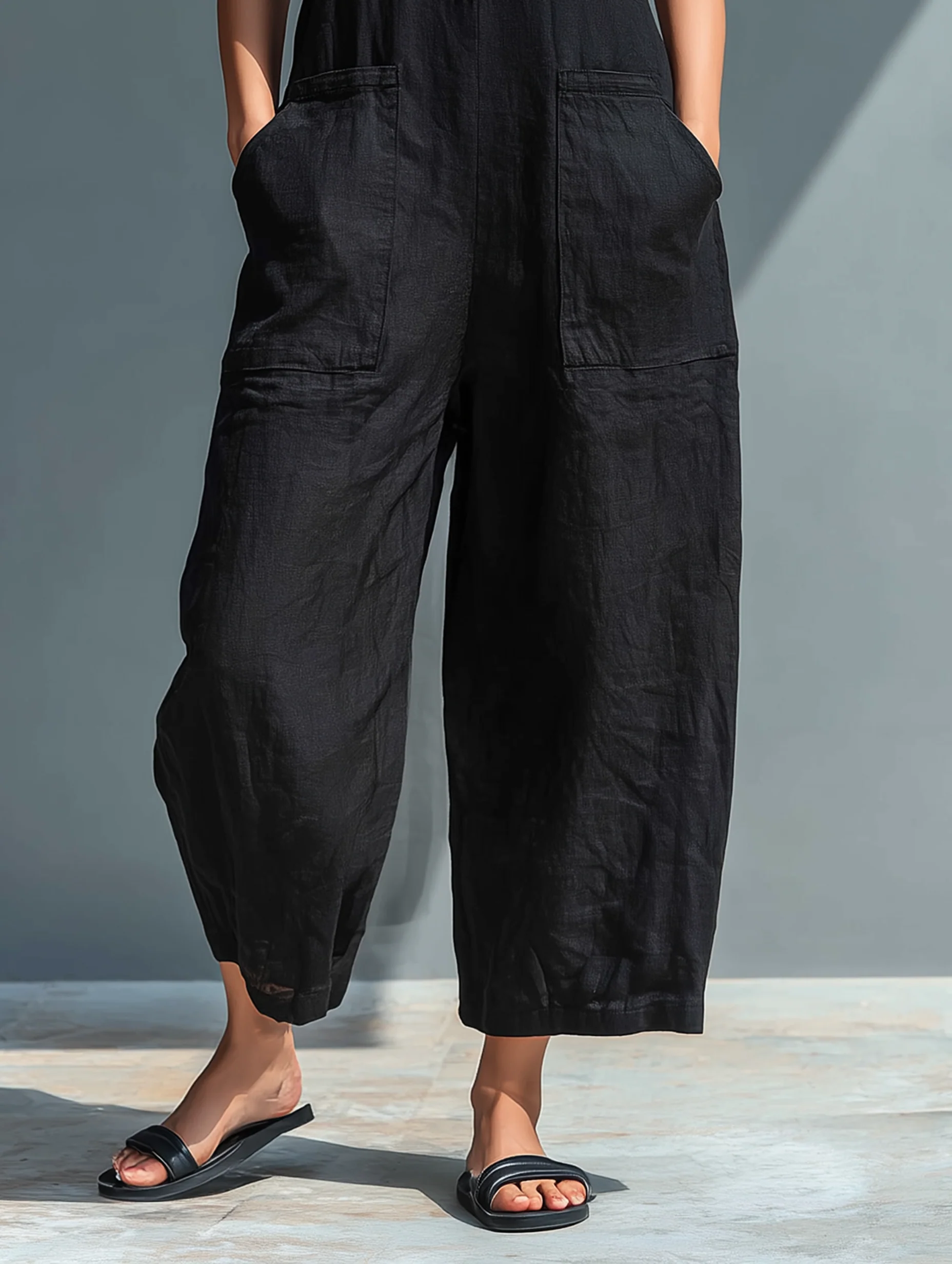 Black Minimalist Faux Linen Sleeveless Jumpsuit with Button-Down Collar