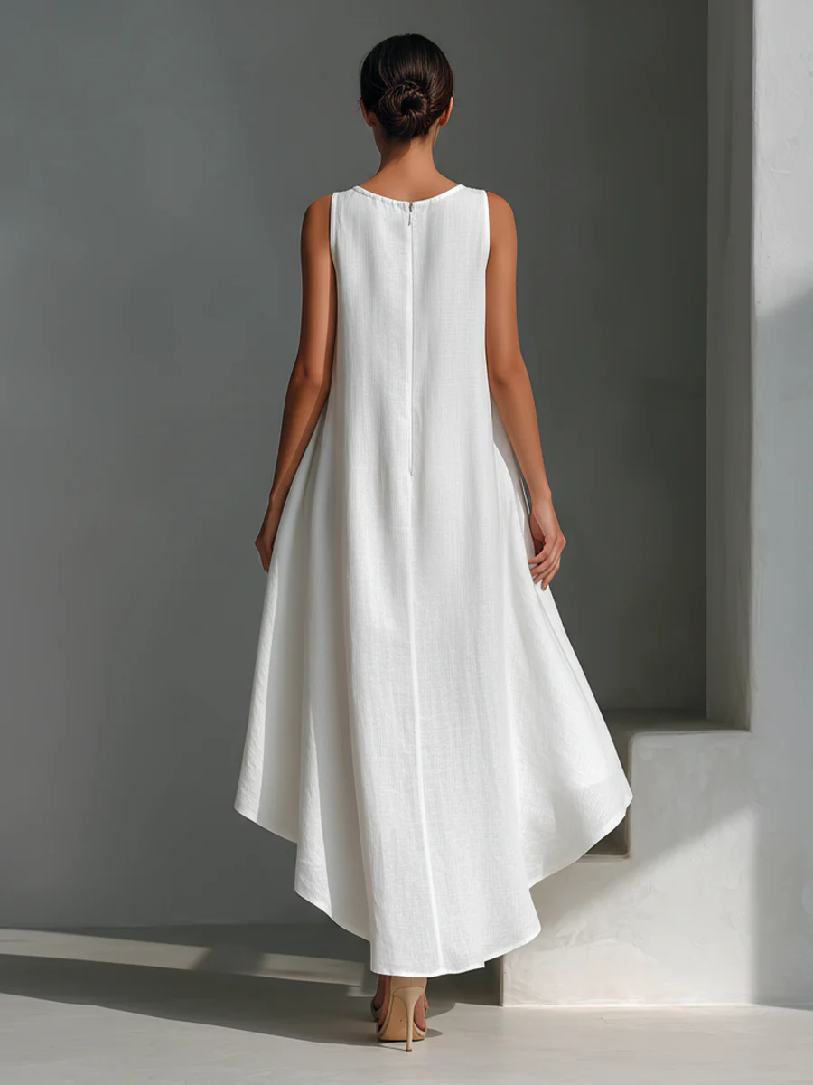 White Round-Neck Sleeveless Midi Dress with Asymmetrical Hem