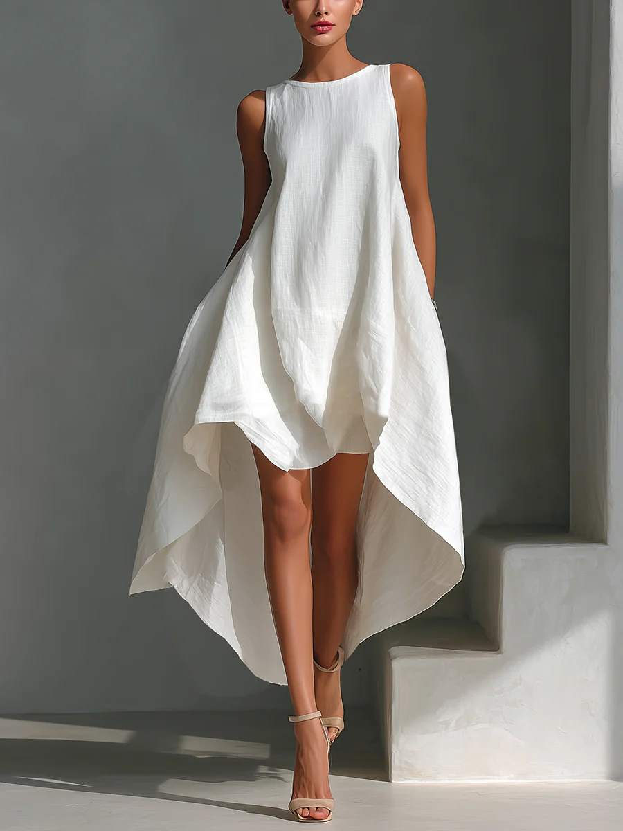 White Round-Neck Sleeveless Midi Dress with Asymmetrical Hem