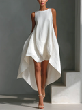 White Round-Neck Sleeveless Midi Dress with Asymmetrical Hem