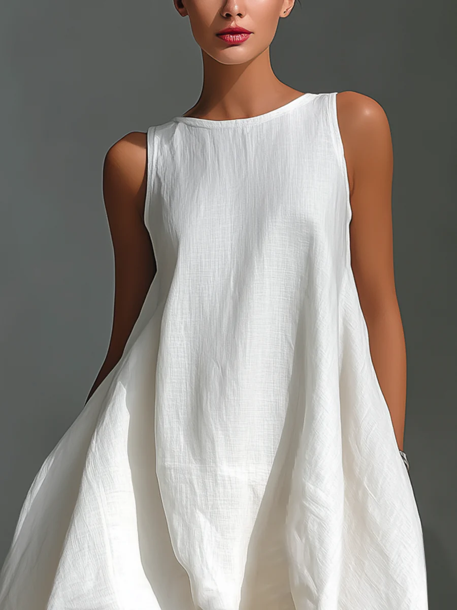 White Round-Neck Sleeveless Midi Dress with Asymmetrical Hem