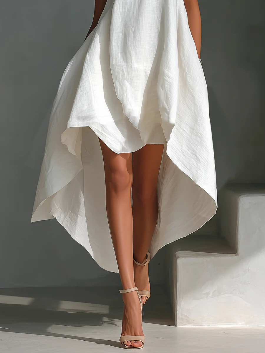 White Round-Neck Sleeveless Midi Dress with Asymmetrical Hem