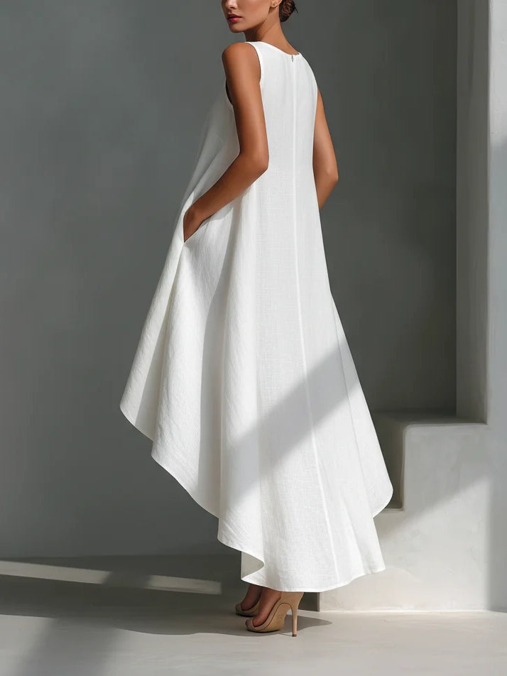 White Round-Neck Sleeveless Midi Dress with Asymmetrical Hem