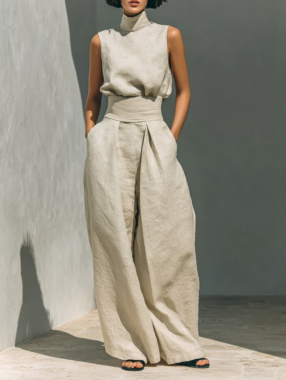 Aurora | Relaxed Beige Sleeveless Wide-Leg set
