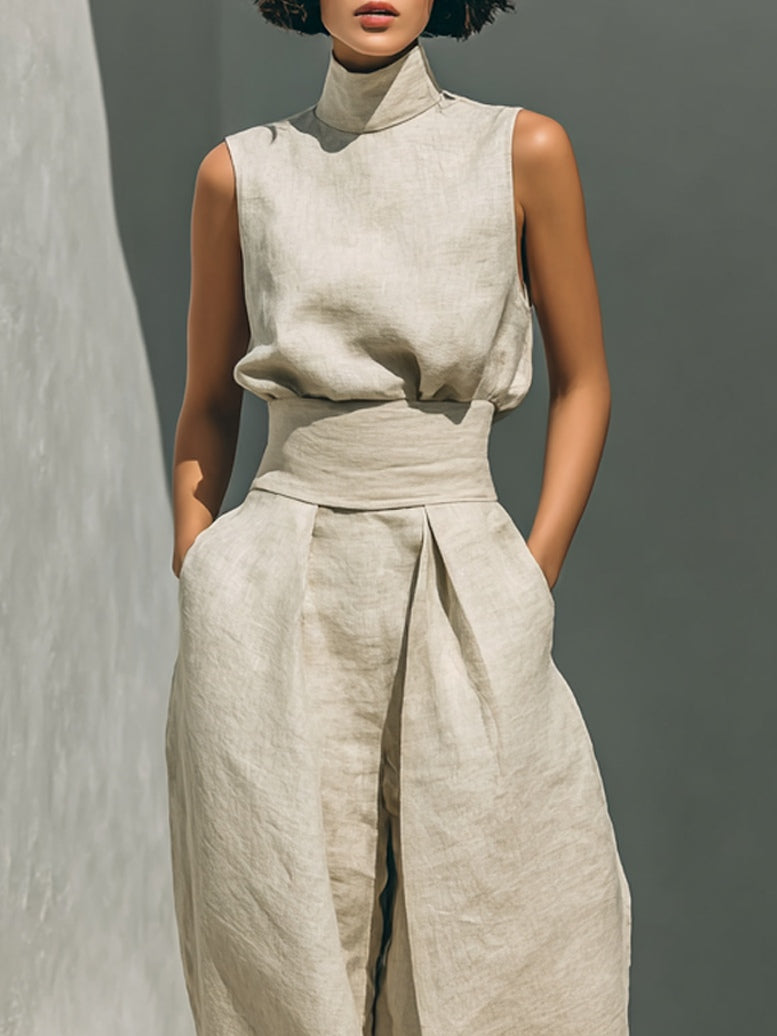 Aurora | Relaxed Beige Sleeveless Wide-Leg set