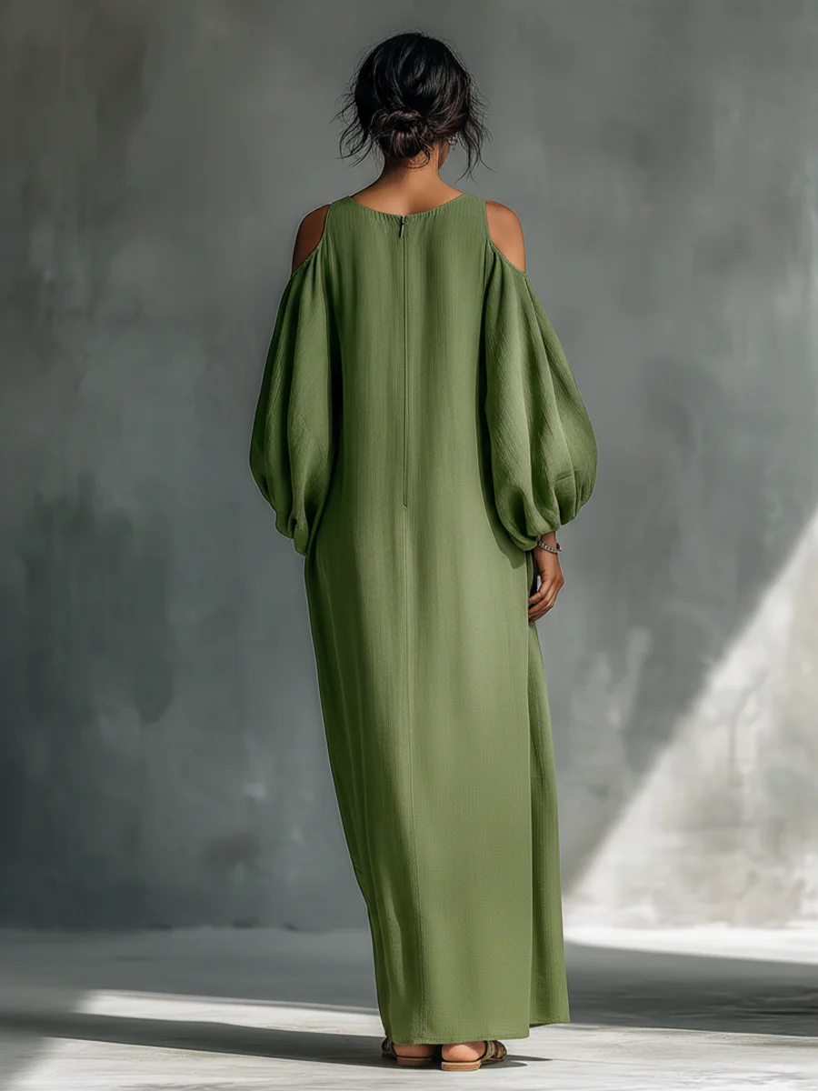 Green Off-Shoulder Oversized Puff-Sleeve Maxi Dress
