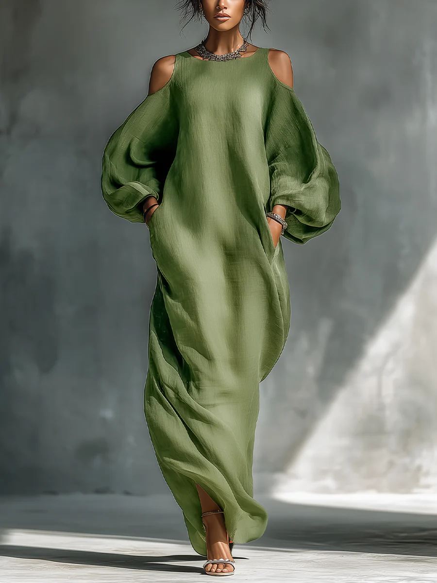 Green Off-Shoulder Oversized Puff-Sleeve Maxi Dress