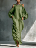 Green Off-Shoulder Oversized Puff-Sleeve Maxi Dress