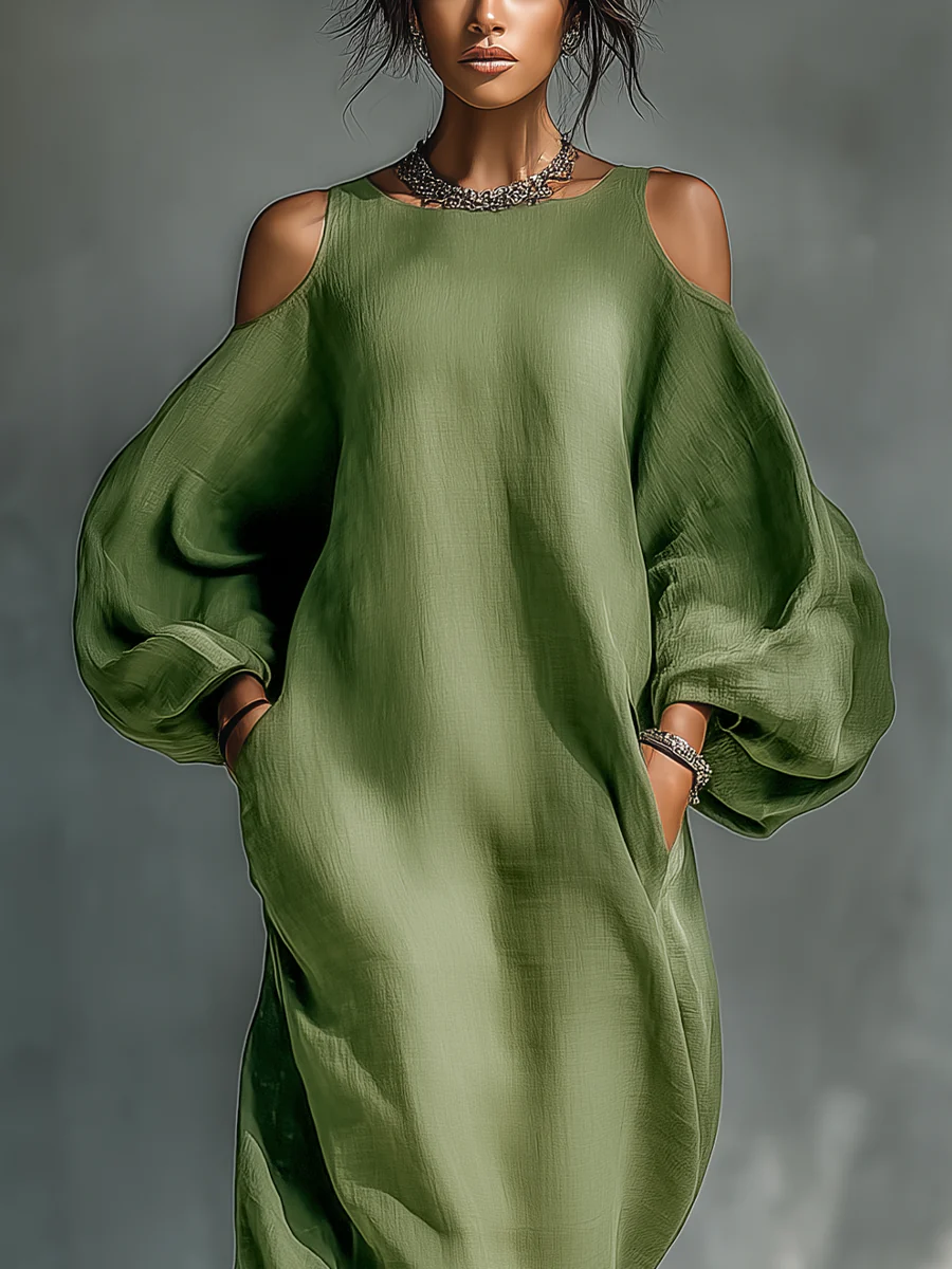 Green Off-Shoulder Oversized Puff-Sleeve Maxi Dress