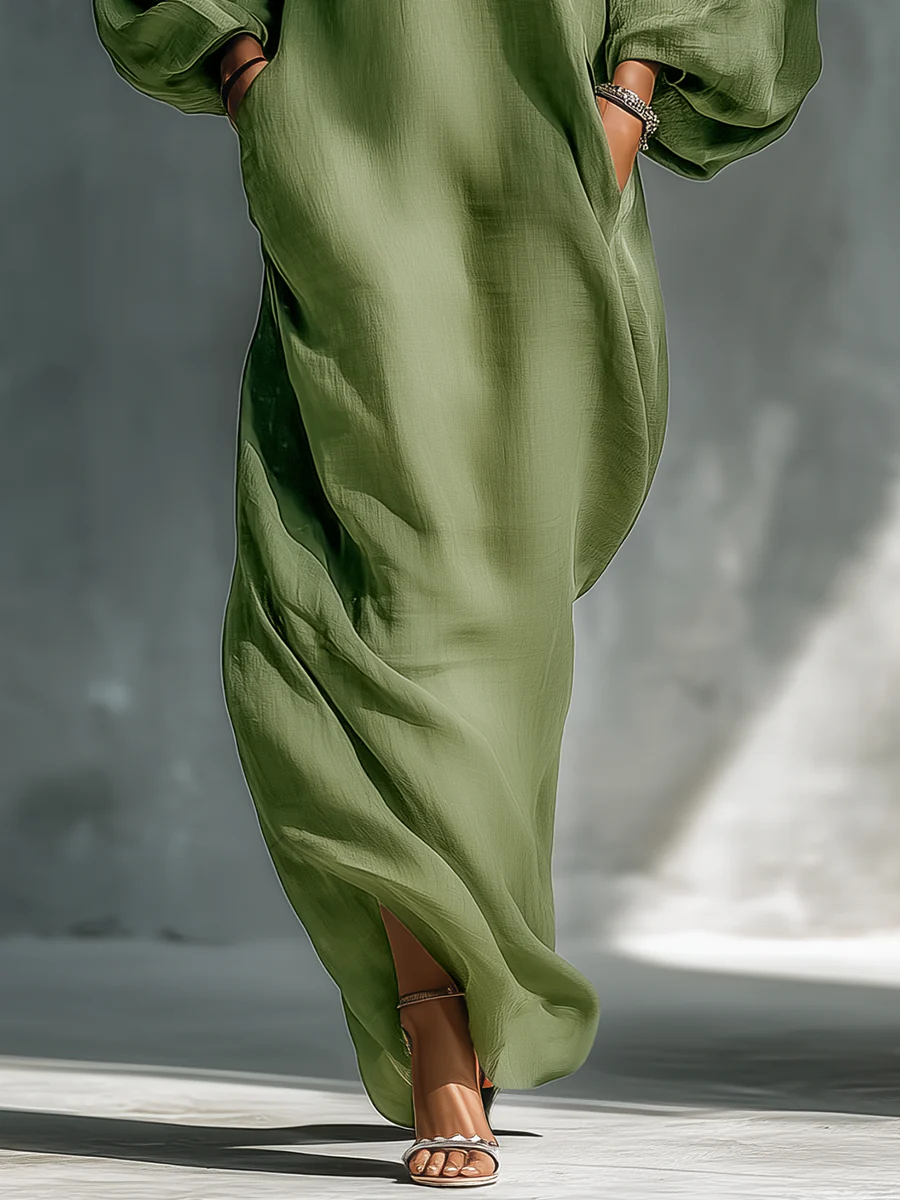 Green Off-Shoulder Oversized Puff-Sleeve Maxi Dress