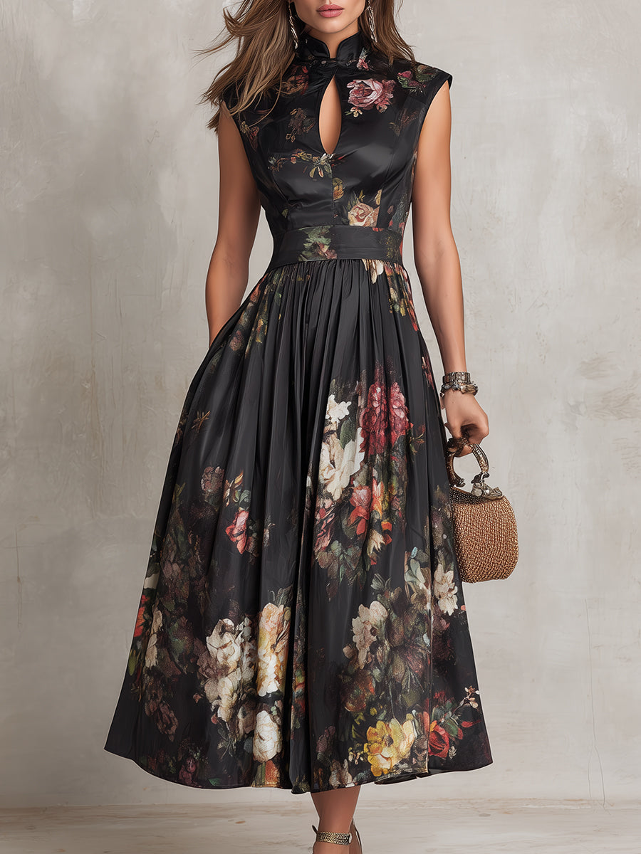 Black Floral Pleated Satin Midi Dress with Keyhole Collar