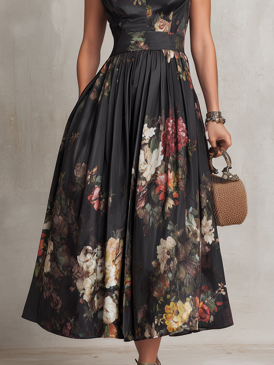 Black Floral Pleated Satin Midi Dress with Keyhole Collar