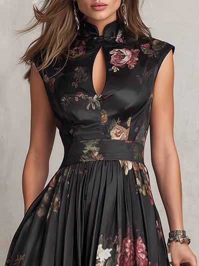 Black Floral Pleated Satin Midi Dress with Keyhole Collar