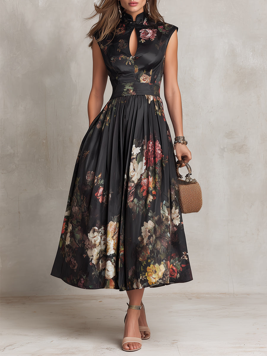 Black Floral Pleated Satin Midi Dress with Keyhole Collar