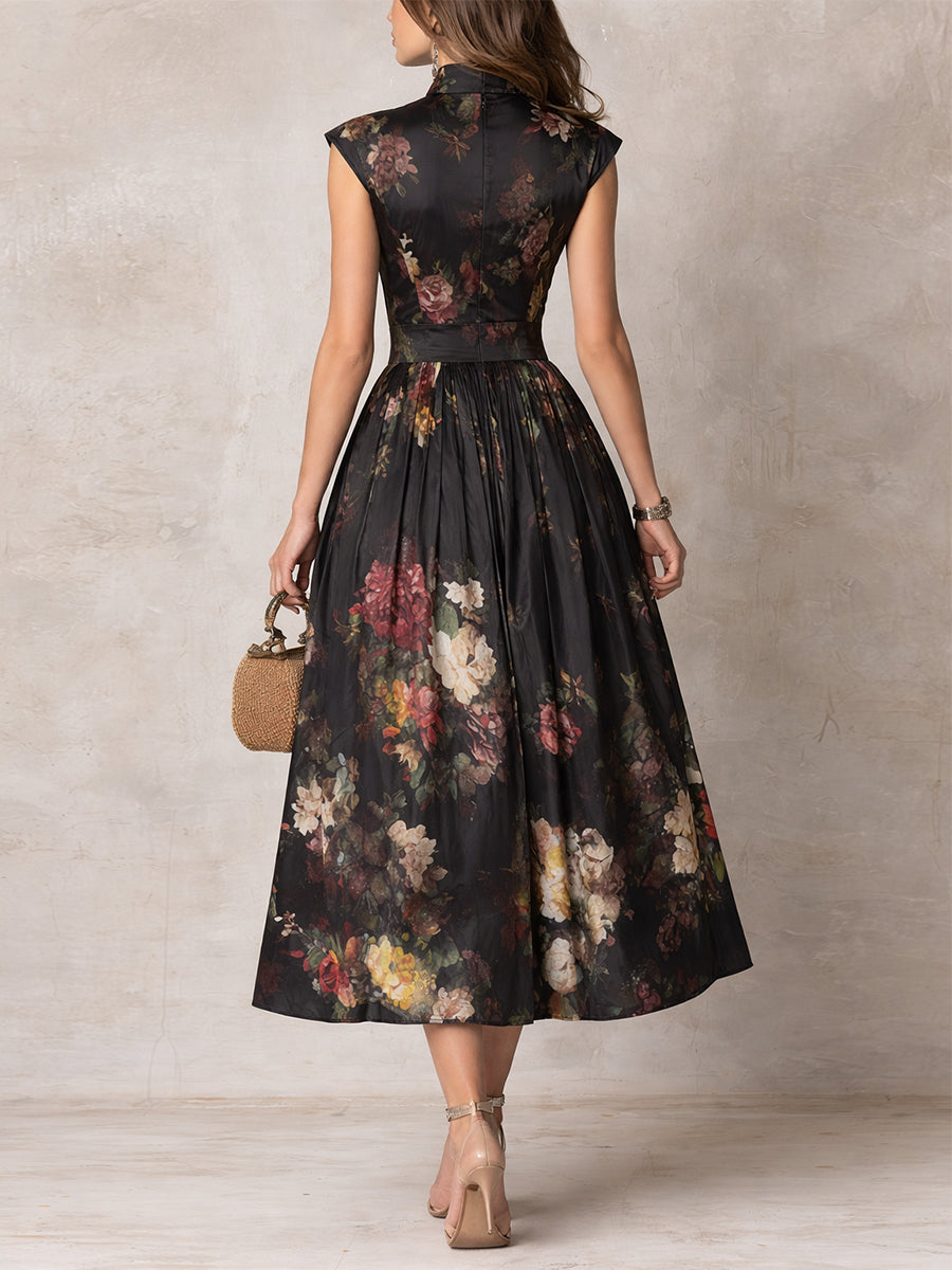 Black Floral Pleated Satin Midi Dress with Keyhole Collar