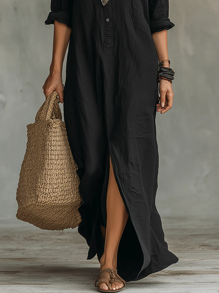 Black Button-Down Front-Opening Loose-Fitting Shirt Maxi Dress