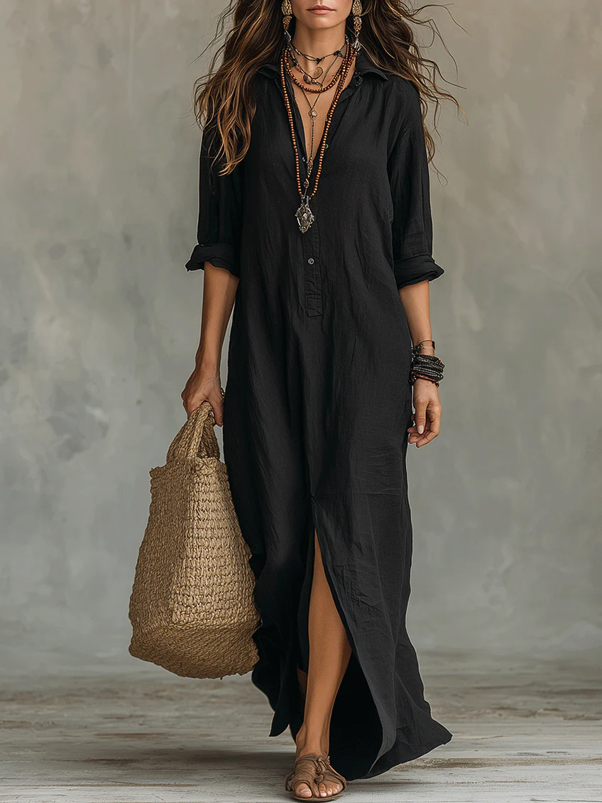 Black Button-Down Front-Opening Loose-Fitting Shirt Maxi Dress