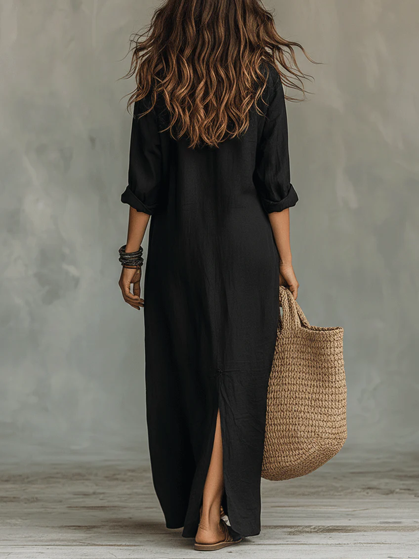 Black Button-Down Front-Opening Loose-Fitting Shirt Maxi Dress