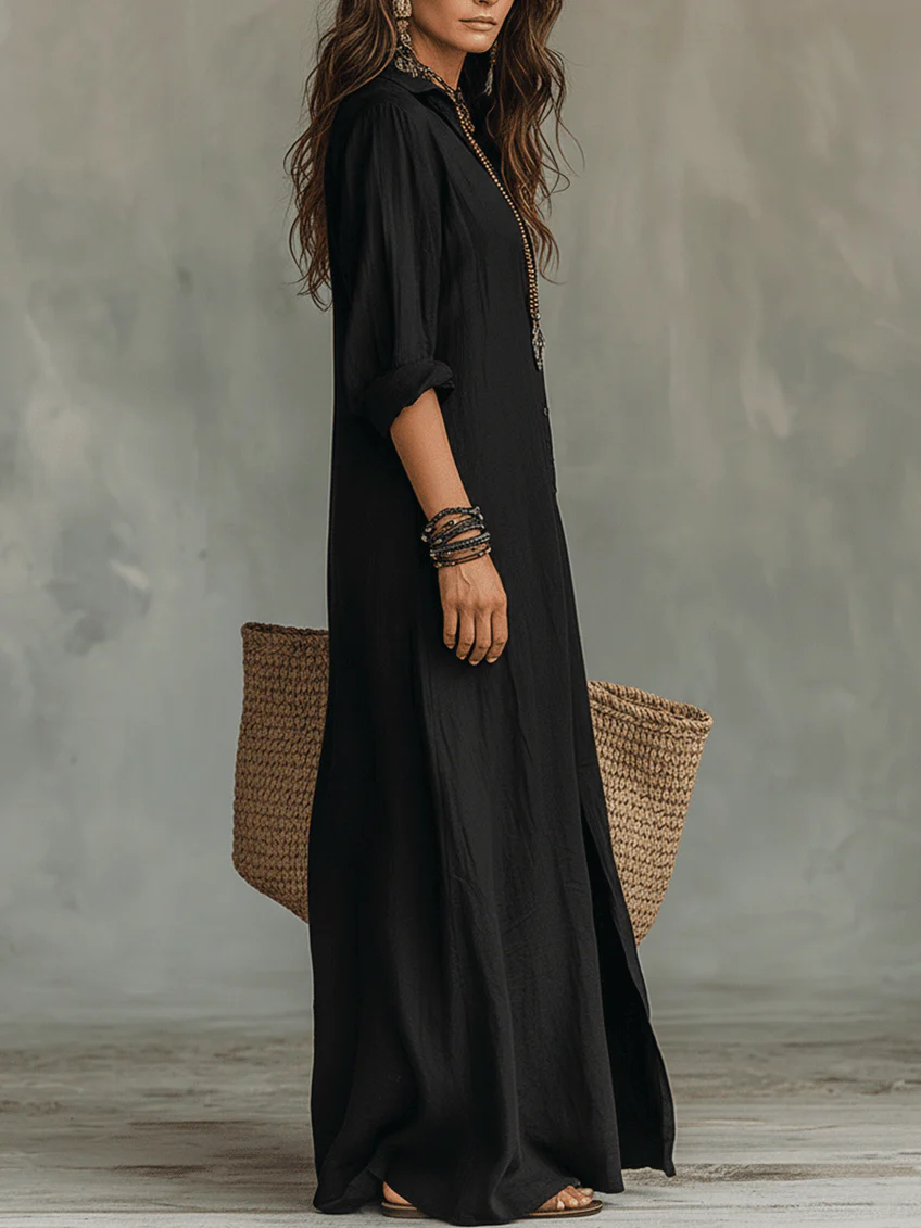 Black Button-Down Front-Opening Loose-Fitting Shirt Maxi Dress