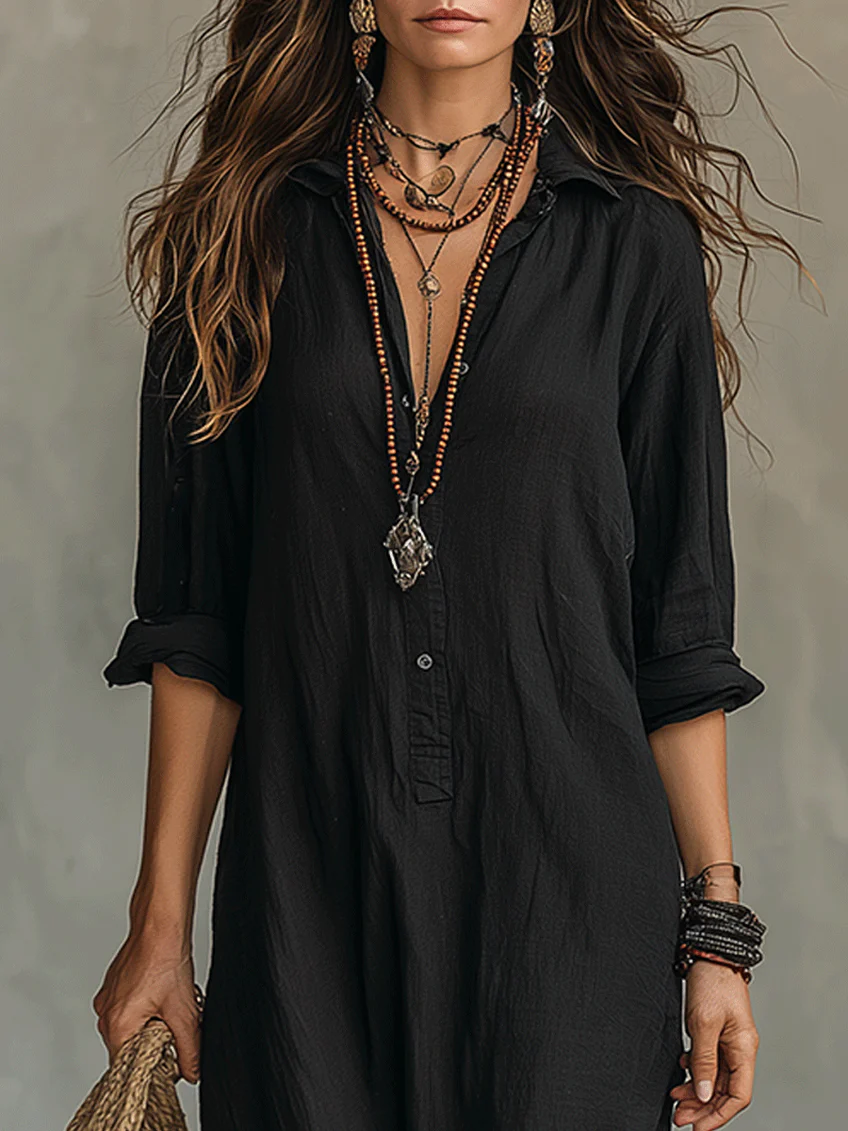 Black Button-Down Front-Opening Loose-Fitting Shirt Maxi Dress
